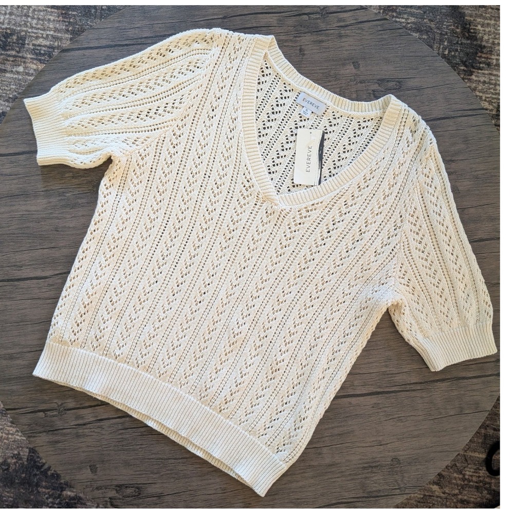 Evereve Pointelle Pullover Sweater Ivory Cream XL Boho NWT